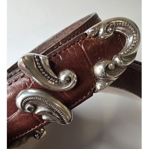 VTG Brighton Y2K Brown Croc Embossed Leather Belt 2X Ornate Scroll Buckle Silver main image 11